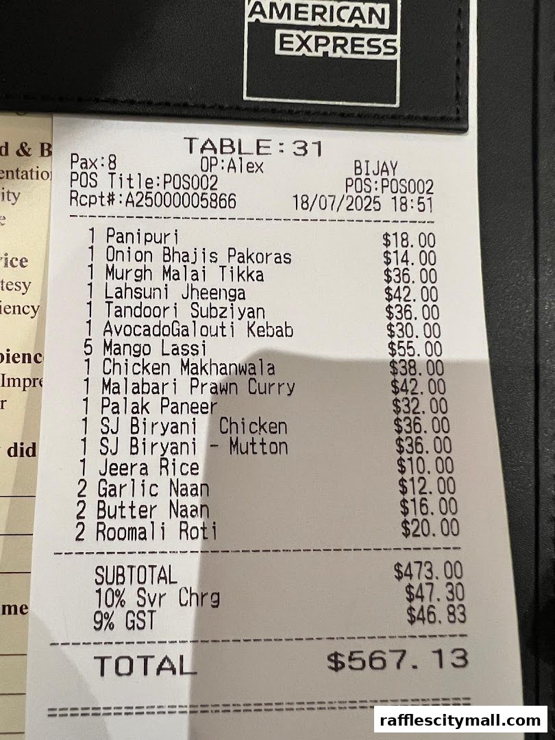 A receipt from Shahi Maharani North Indian Restaurant detailing food items and prices.