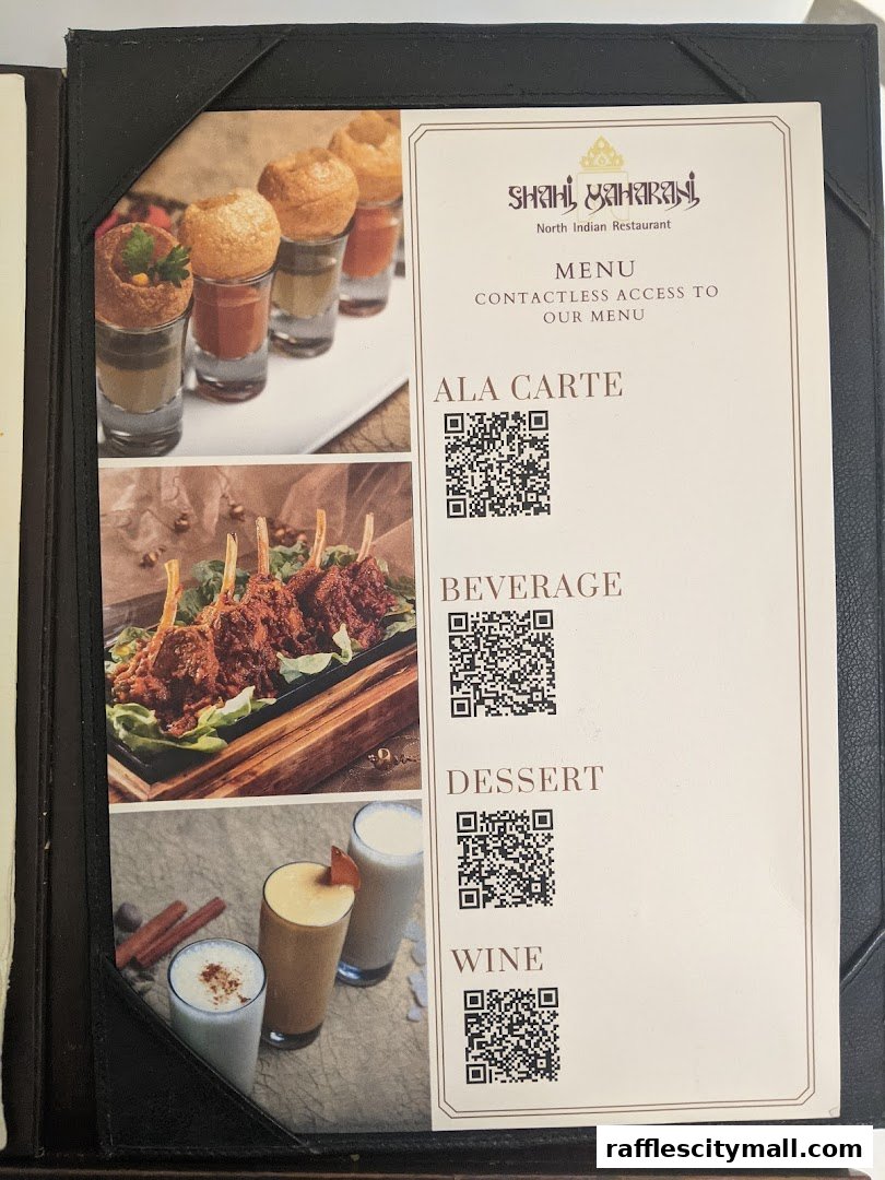 A menu from Shahi Maharani North Indian Restaurant with QR codes for contactless access.
