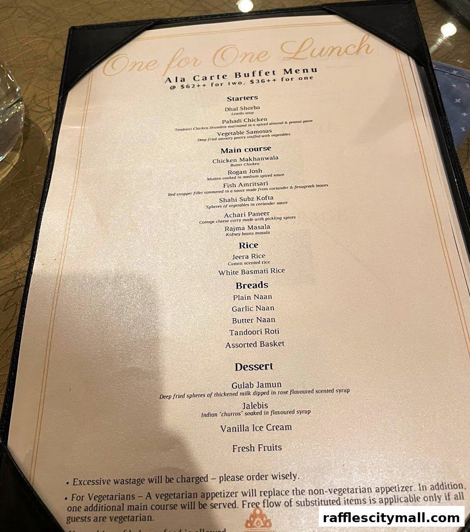 A menu for a North Indian restaurant offering a one-for-one lunch buffet.
