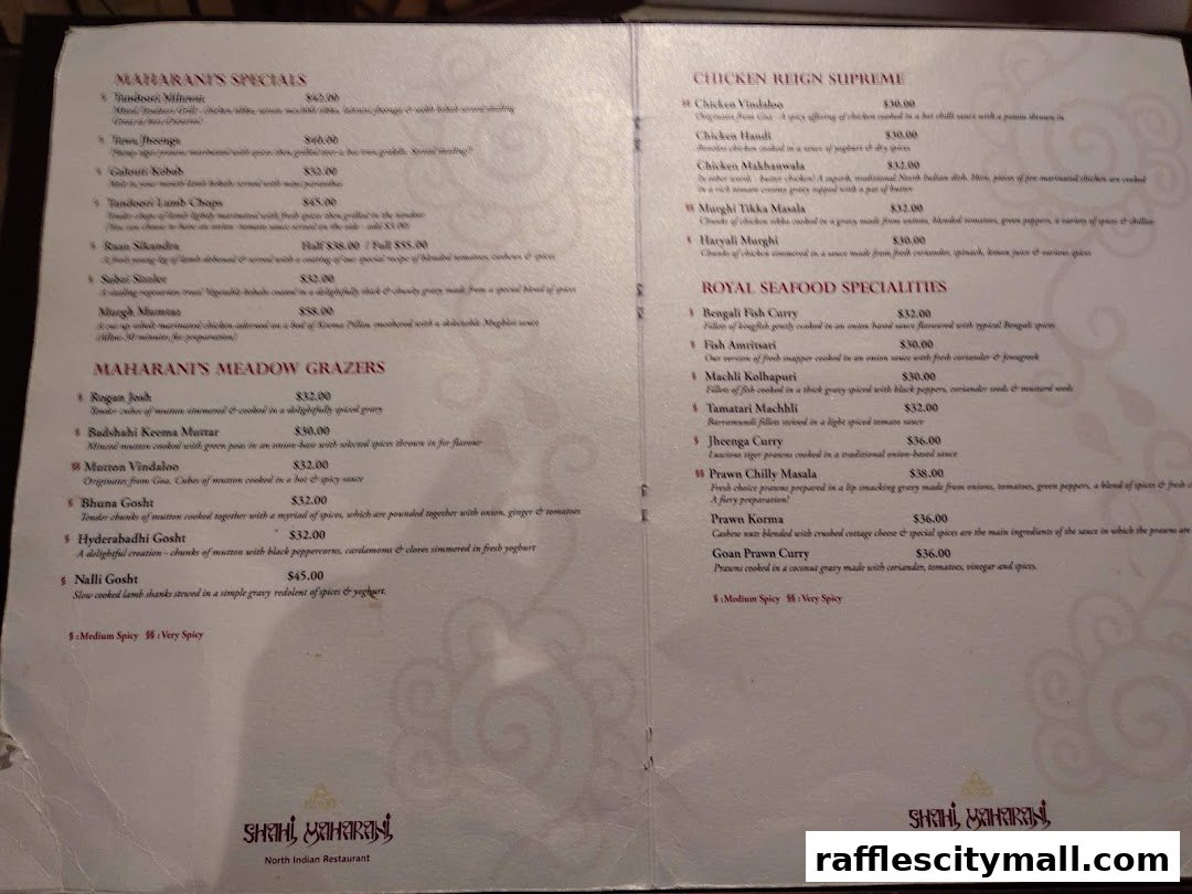 A menu from Shahi Maharani North Indian Restaurant featuring specials, chicken dishes, and seafood.