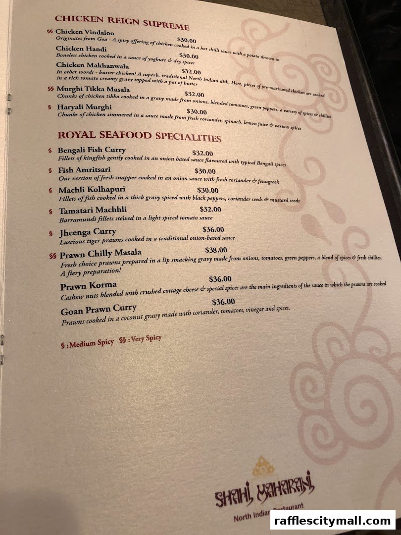 A menu from Shahi Maharani North Indian Restaurant featuring chicken and seafood dishes.