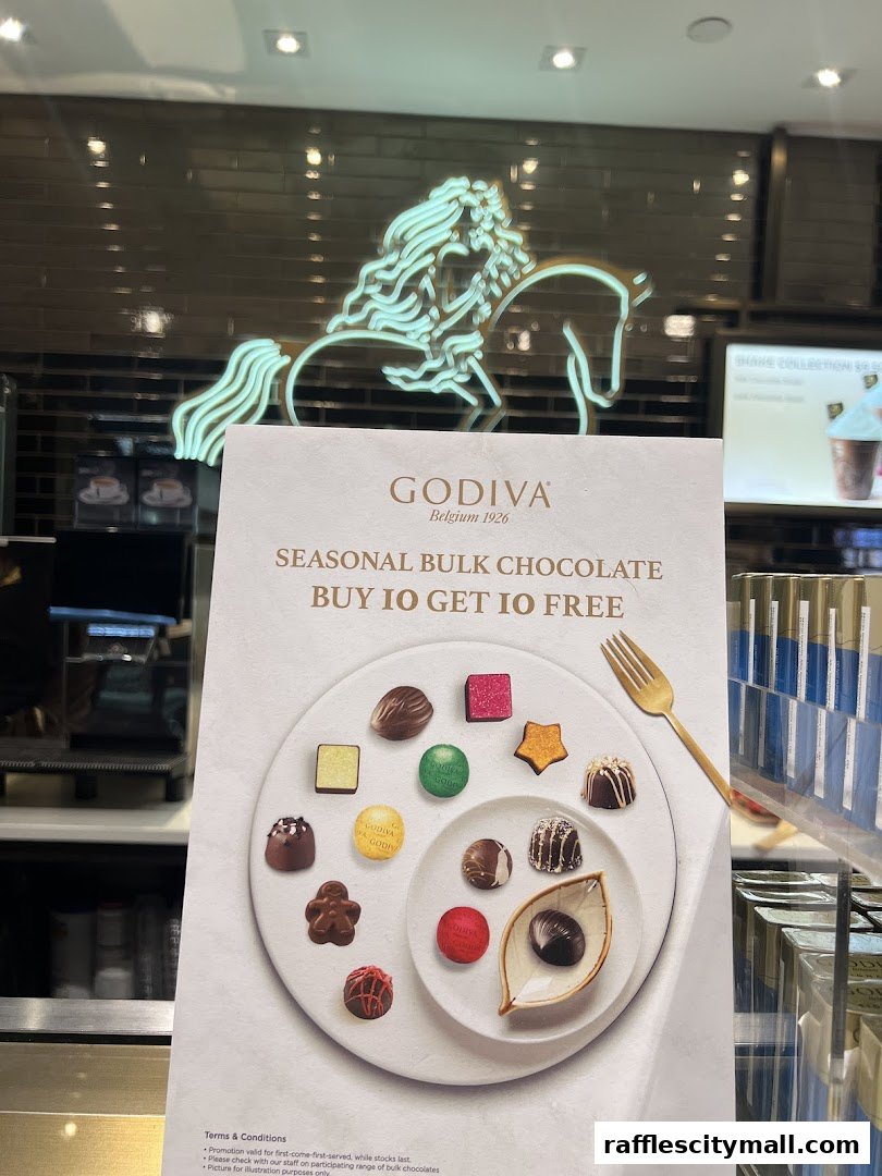 A Godiva promotion for seasonal bulk chocolate with a buy 10 get 10 free offer.