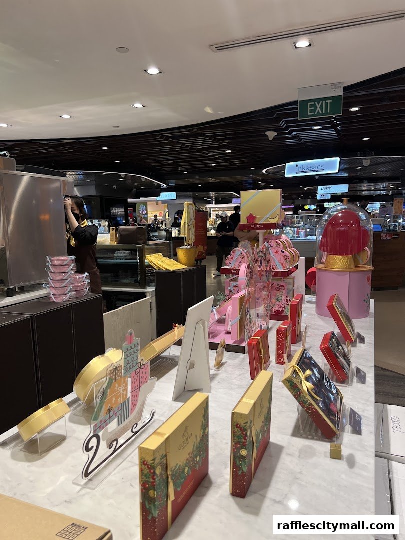 A display of Godiva chocolates and festive gift boxes in a retail store.