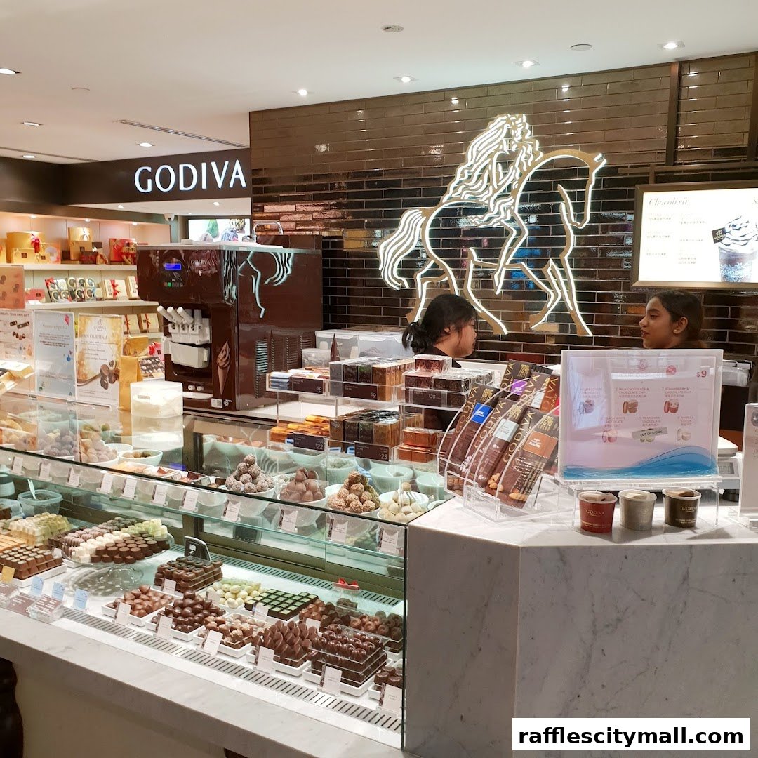 A Godiva chocolate shop interior with a display of chocolates and two staff members.