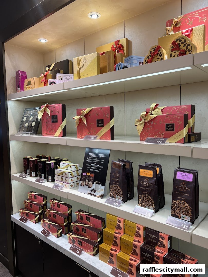 A display of Godiva chocolates and coffee in elegant gift boxes and bags.