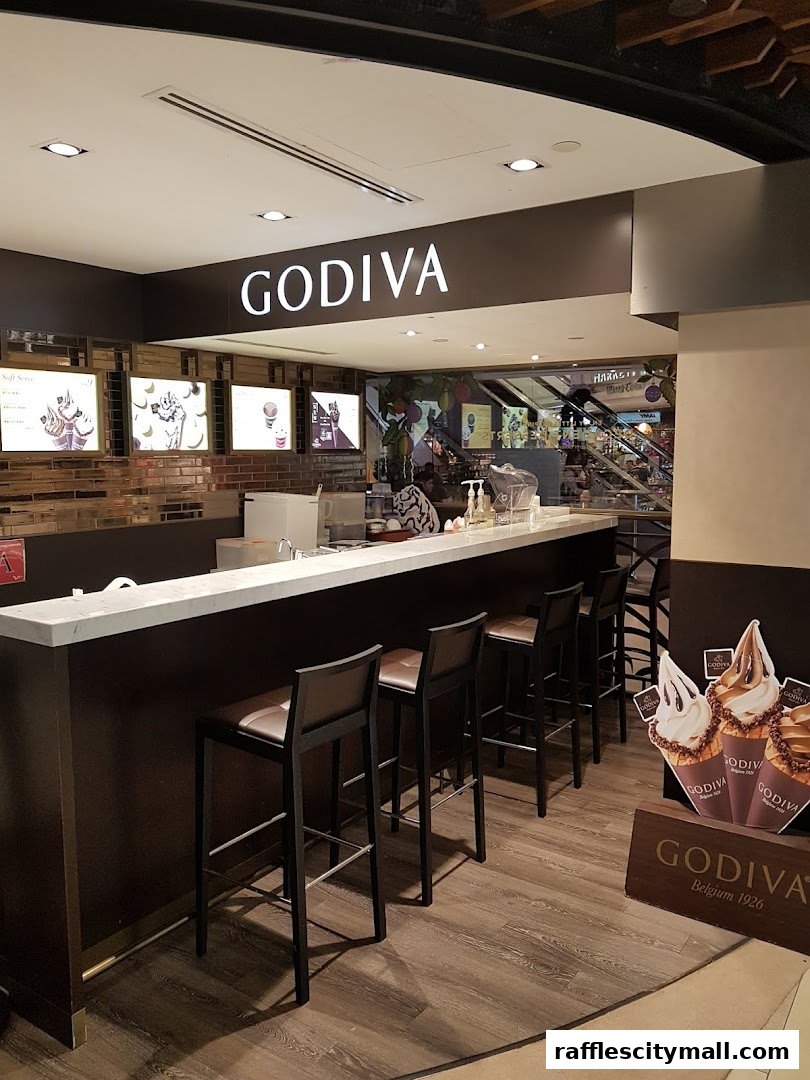 Interior view of a Godiva chocolate shop with a counter, stools, and illuminated menu displays.