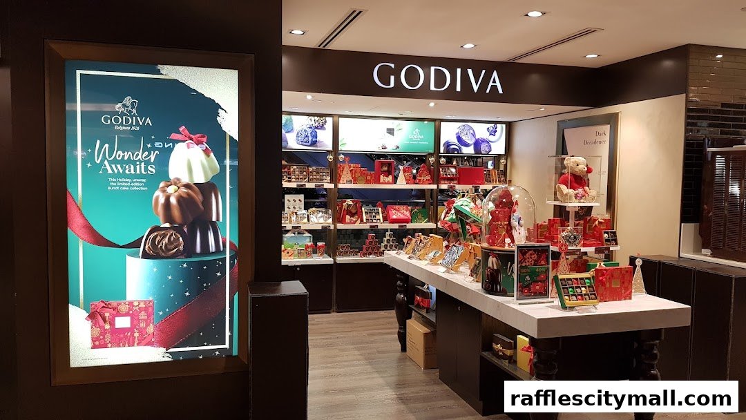 A Godiva chocolate shop interior showcasing festive holiday displays and a variety of chocolate gift boxes.