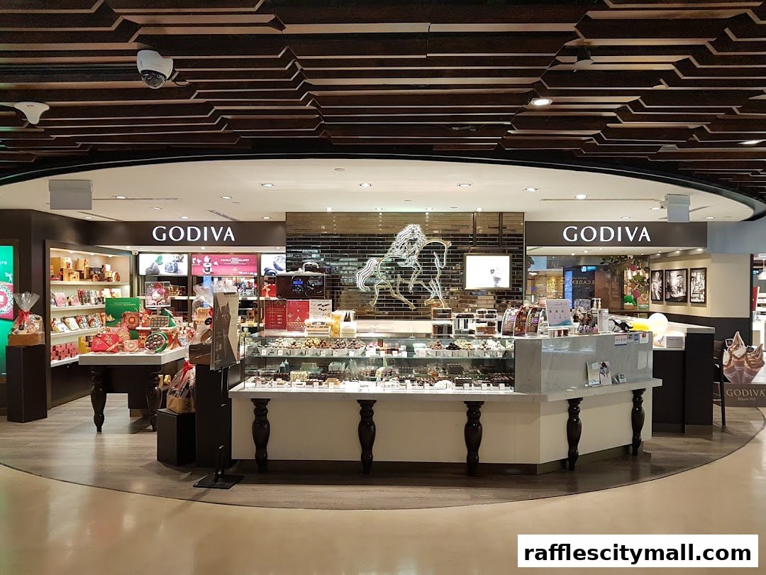 A Godiva chocolate shop with displays of chocolates and gift boxes.