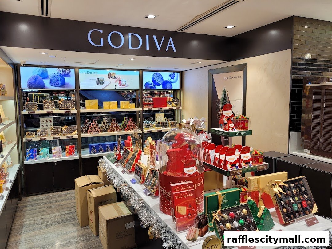 A Godiva chocolate shop interior displaying various chocolate boxes and festive holiday-themed displays.