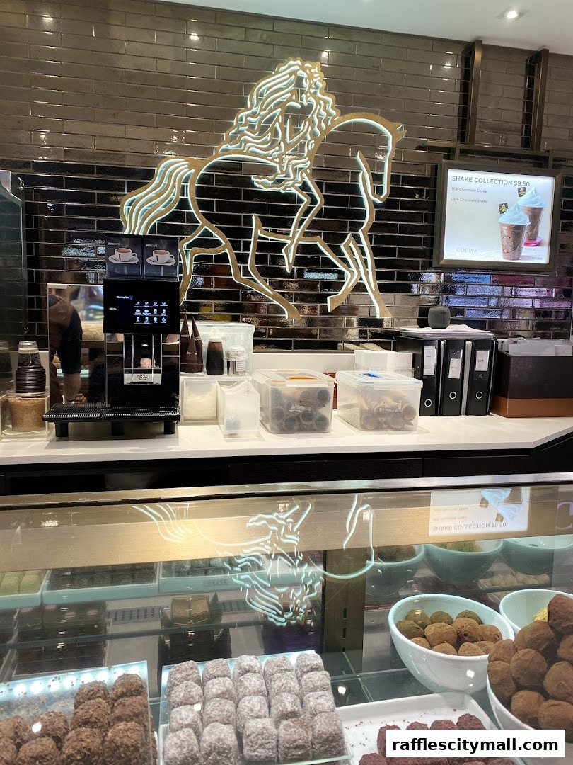 Godiva chocolate shop counter with a horse logo, coffee machine, and display of chocolates.