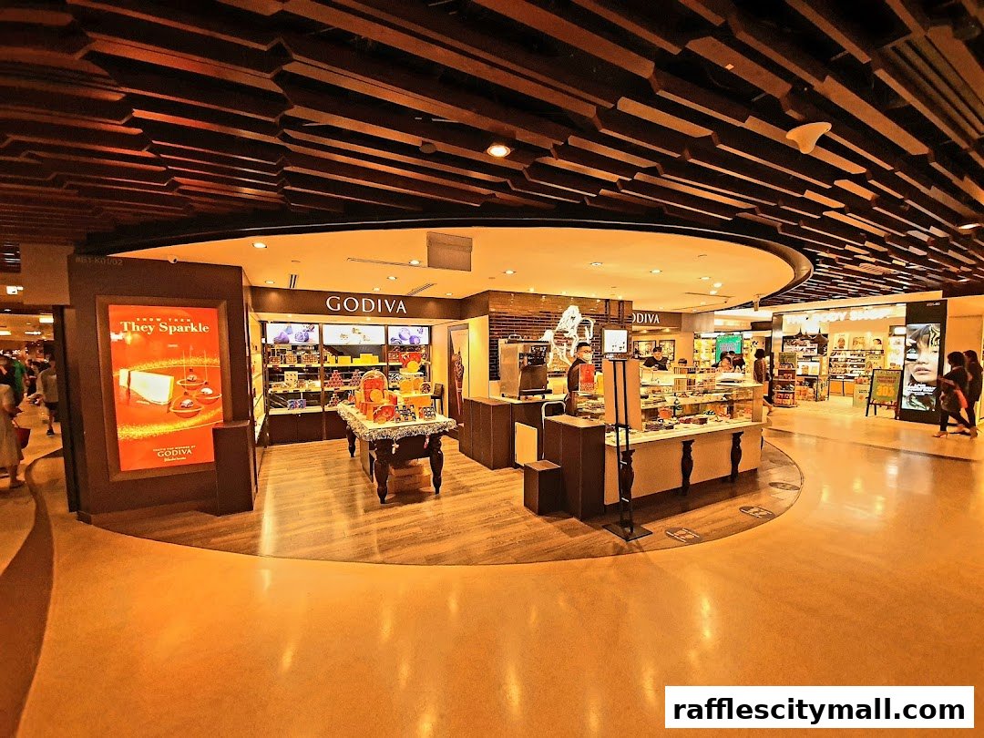 The Godiva chocolate shop interior with displays of chocolates and a promotional poster.