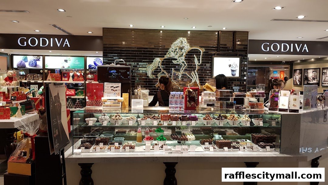A well-lit Godiva chocolate shop with a display of chocolates and gift boxes.