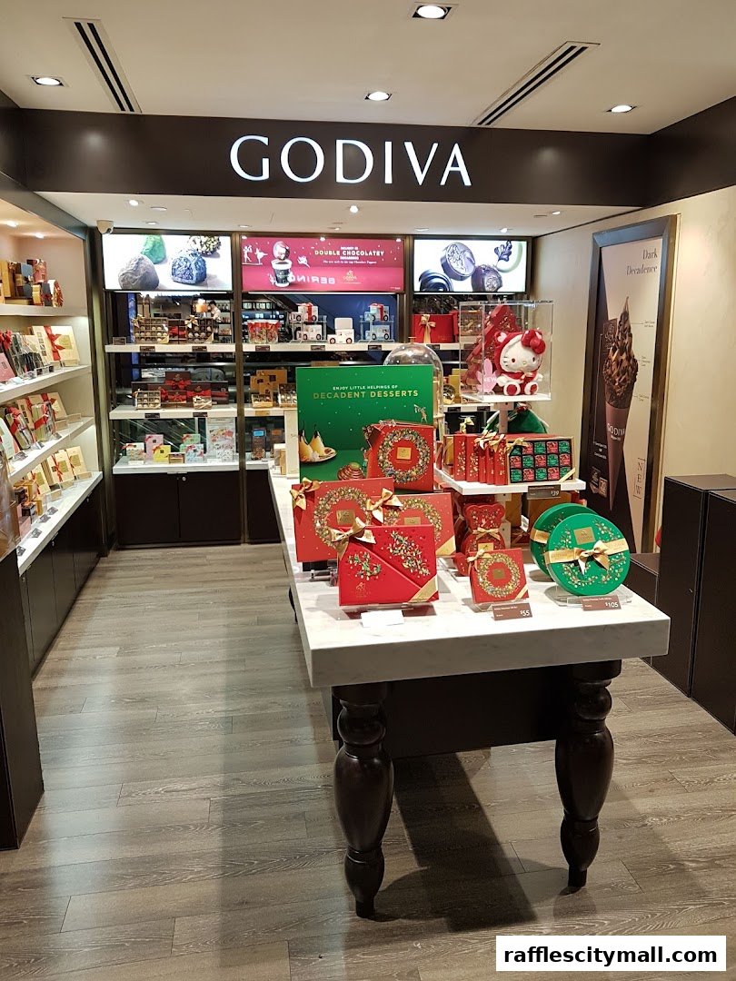 A Godiva chocolate shop interior showcasing various gift boxes and desserts.