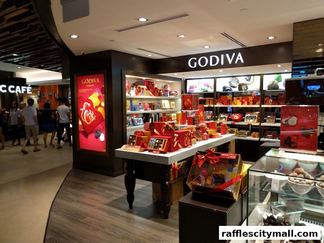 A Godiva chocolate shop interior with displays of gift boxes and chocolates.