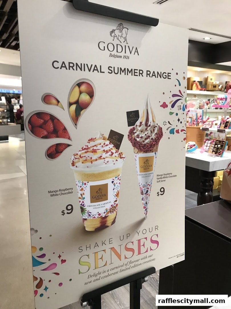A Godiva sign advertises their Carnival Summer Range with two featured drinks and soft serve.