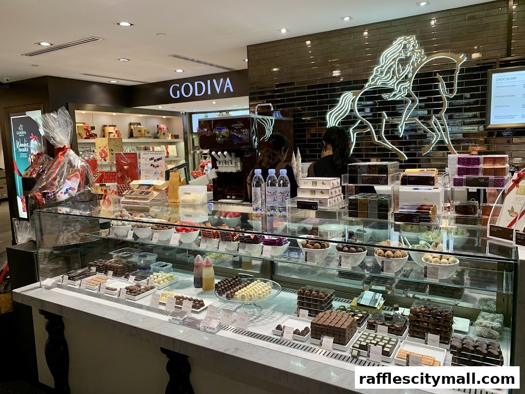 A display of Godiva chocolates and gifts, with a prominent logo and illuminated horse graphic.