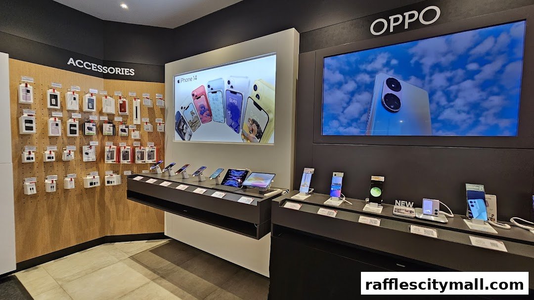 A retail store display featuring various mobile phones, accessories, and tablets from Apple and Oppo.