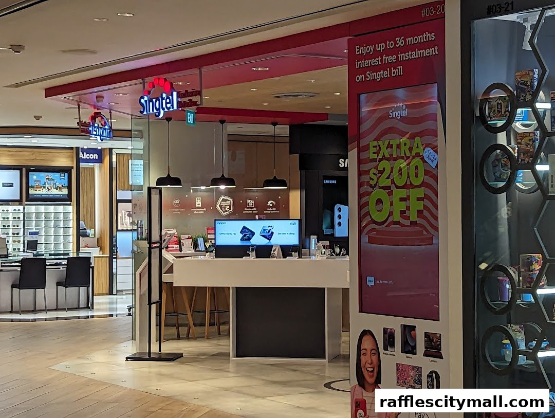 Singtel Exclusive Retailer Raffles City G-Force shop front with promotional displays.