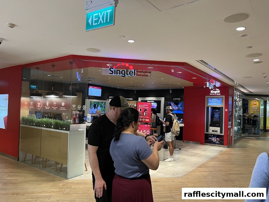 People are browsing at the Singtel Exclusive Retailer shop with various phone displays and a self-serve kiosk.