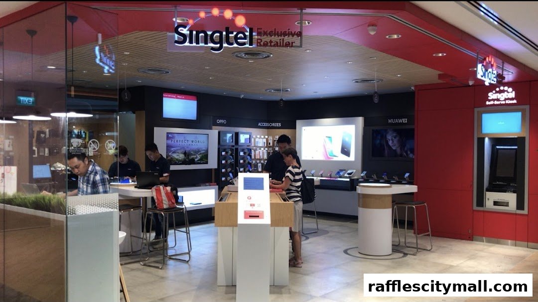 Interior of a Singtel Exclusive Retailer shop showcasing mobile phones and accessories.