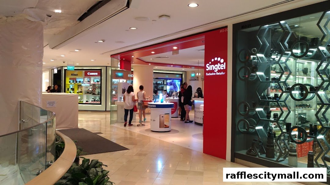 Singtel Exclusive Retailer shop with customers browsing phones and adjacent camera store.