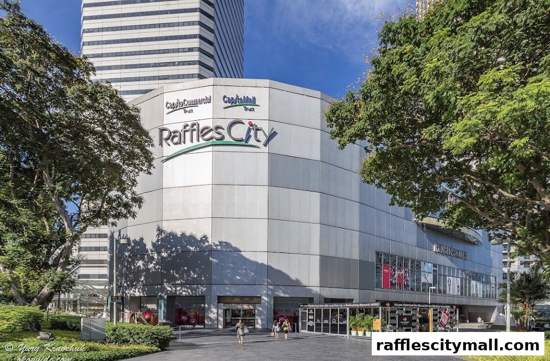 The exterior of Raffles City mall with its distinctive architecture and surrounding greenery.