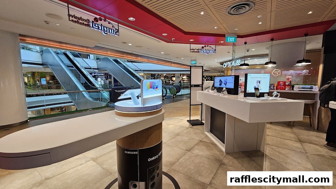 Interior of a Singtel Exclusive Retailer shop showcasing Samsung Galaxy phones and other electronics.