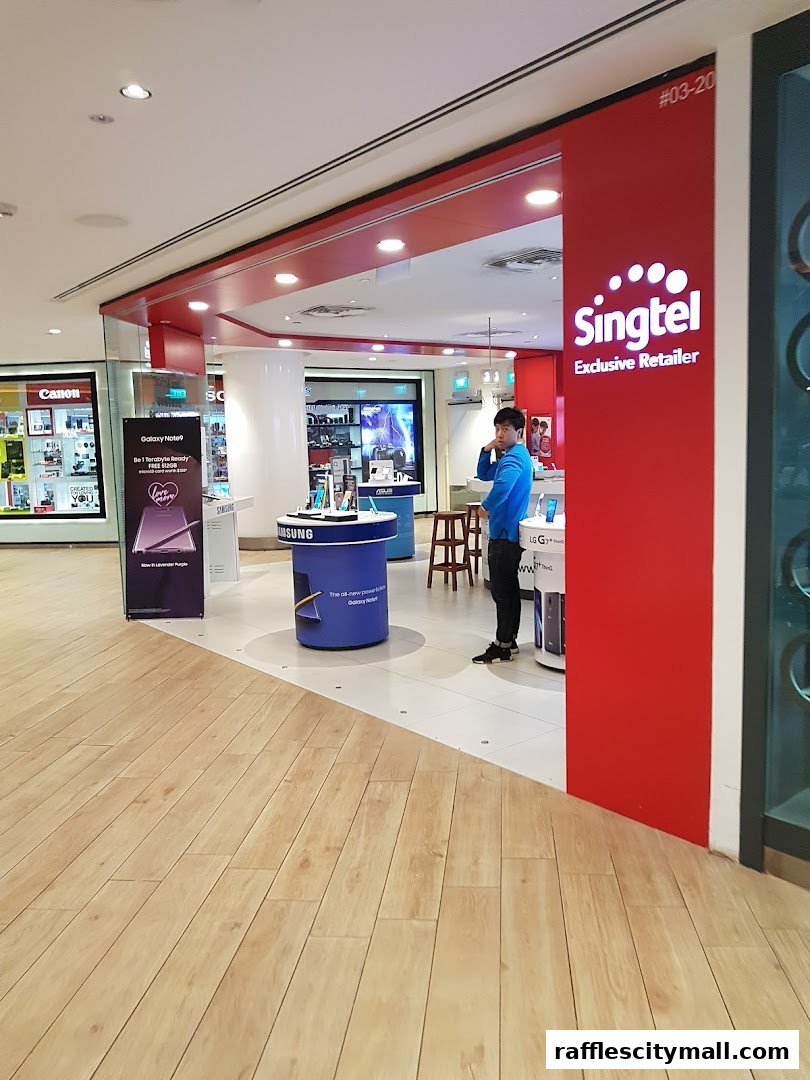 A Singtel Exclusive Retailer shop with a red facade and a customer browsing.