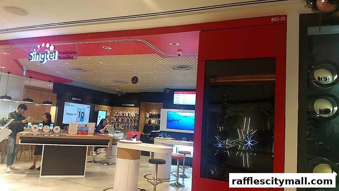 Interior view of a Singtel Exclusive Retailer shop with displays of phones and accessories.