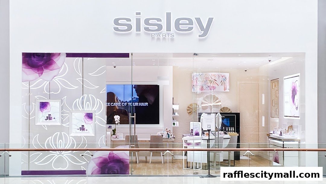 The elegant storefront of Sisley Paris Singapore, featuring a clean white facade with illuminated signage and a floral-themed glass entrance.