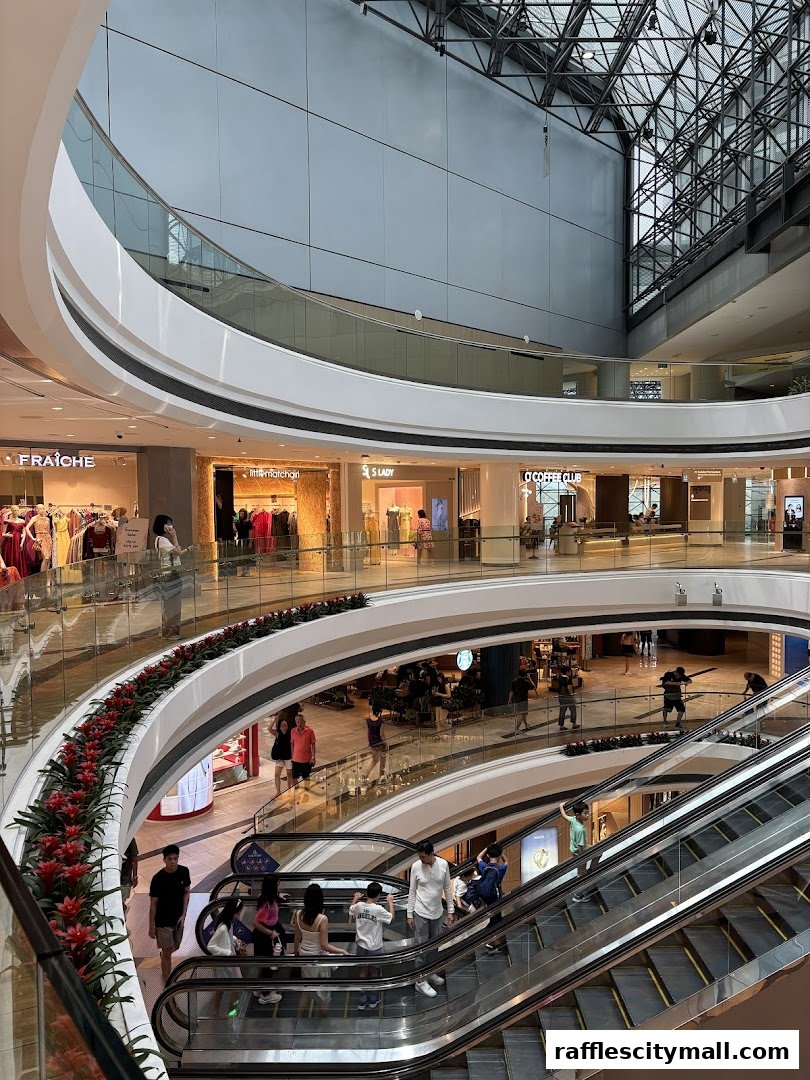 A multi-level shopping mall interior with escalators and various shops.