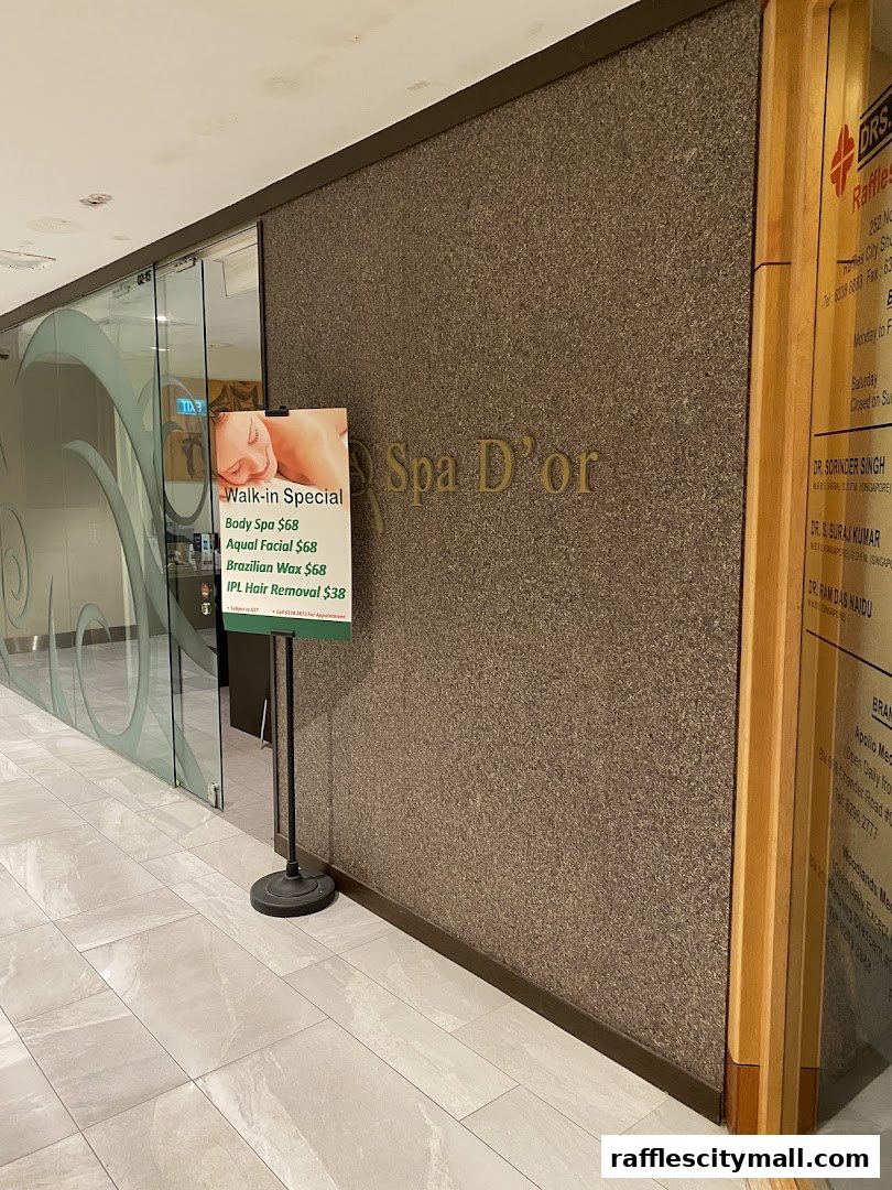 The entrance to Spa D'or, featuring a walk-in special sign and elegant branding.