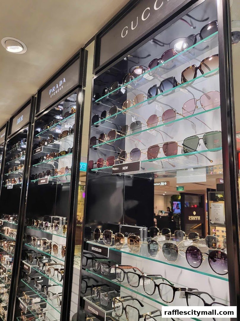 A display of designer sunglasses and eyeglasses from brands like Gucci and Prada.