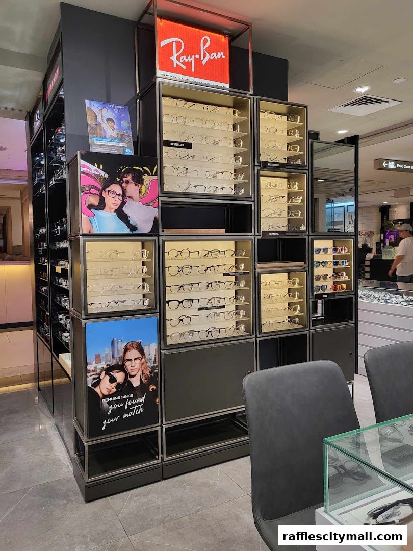 A display of Ray-Ban glasses and other eyewear in a retail store.