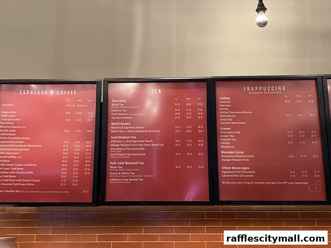 A menu board displaying various coffee, tea, and Frappuccino drinks with prices.
