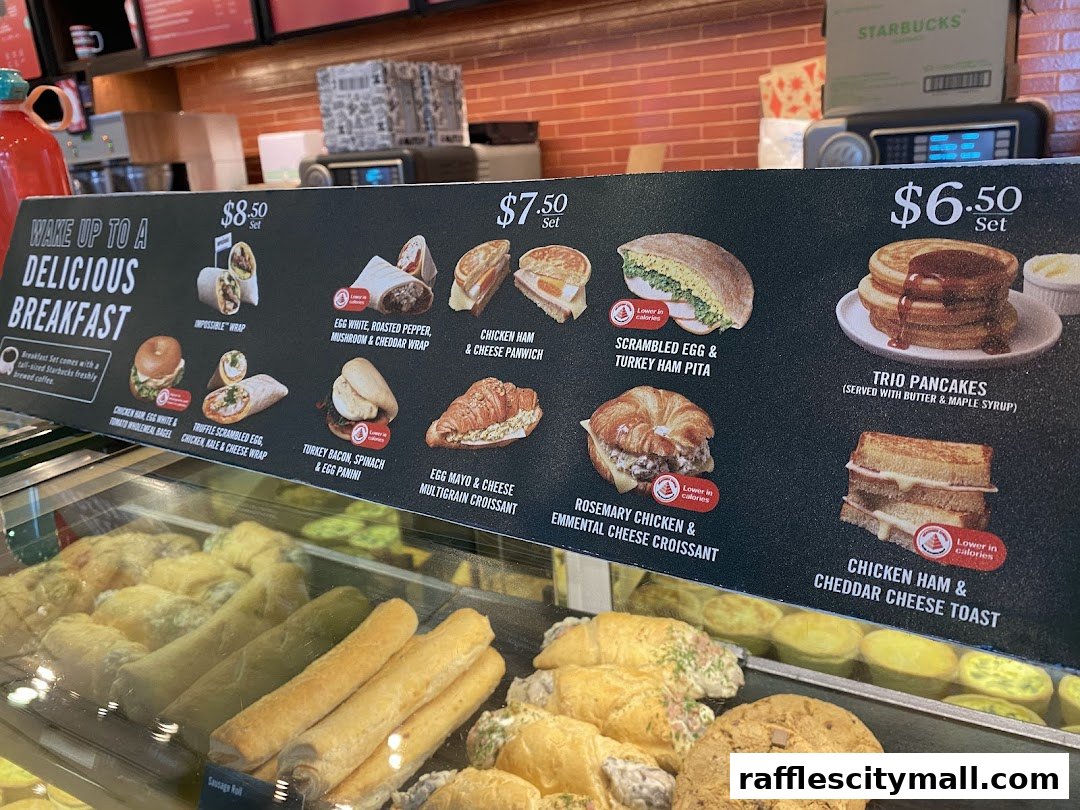 A menu board displaying various breakfast items with prices and images at Starbucks.