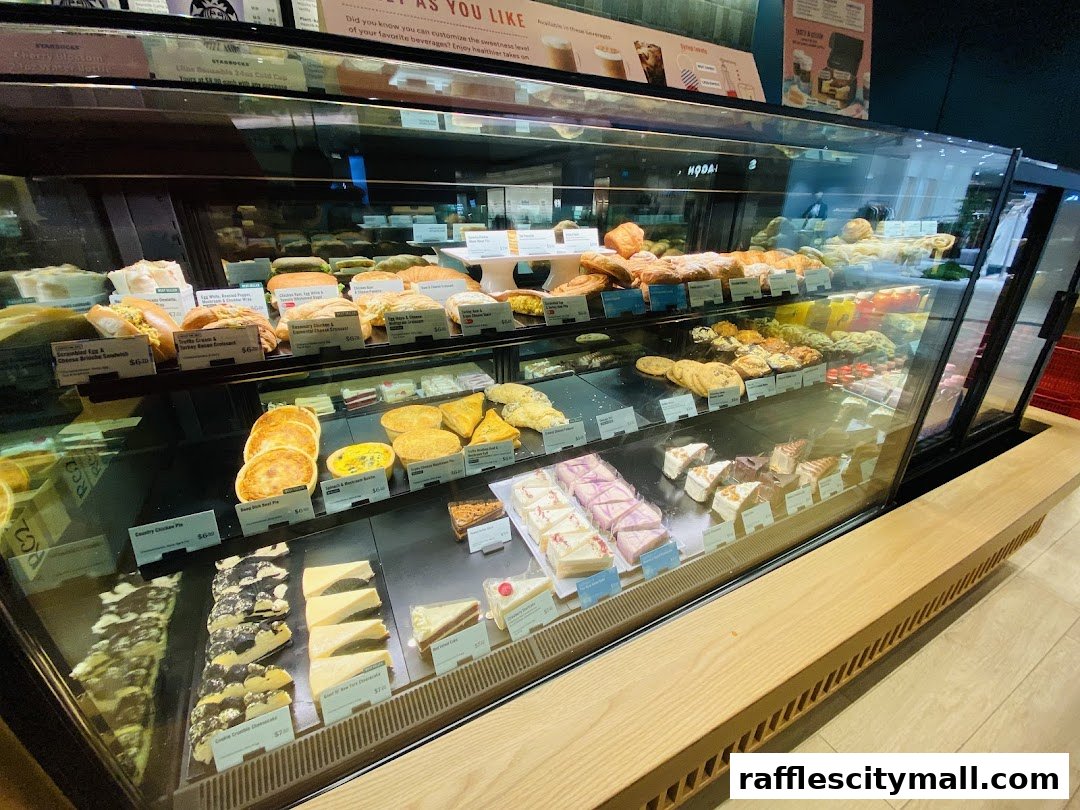 A display case filled with various pastries, cakes, and sandwiches at Starbucks.