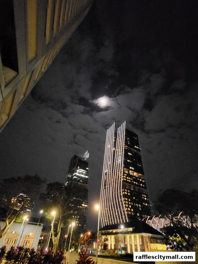 Night view of illuminated skyscrapers and a cloudy sky with the moon.