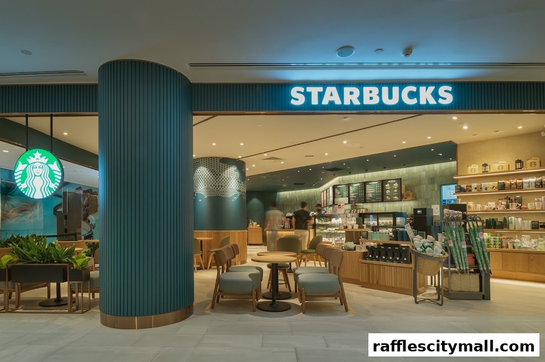 Interior view of a modern Starbucks coffee shop with seating and merchandise displays.