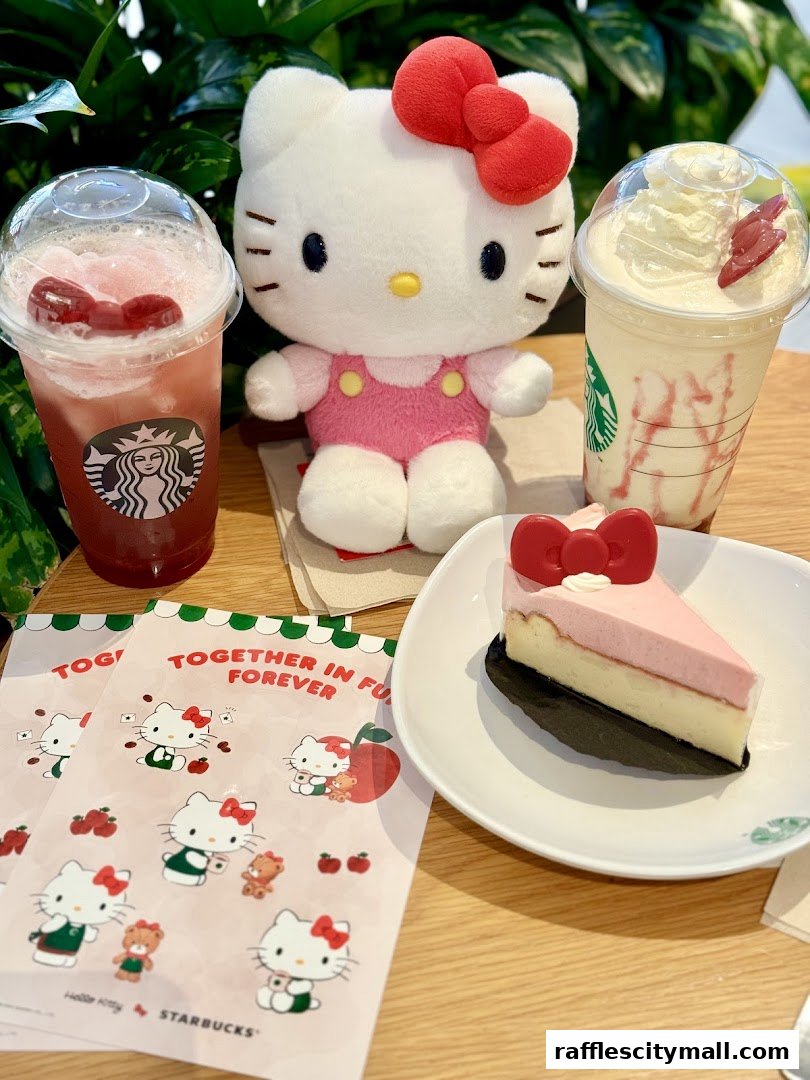 Starbucks Hello Kitty collaboration featuring drinks, cake, and merchandise.