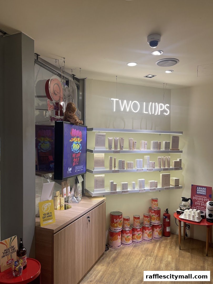 Interior of a shop with shelves displaying beauty products and a neon sign.