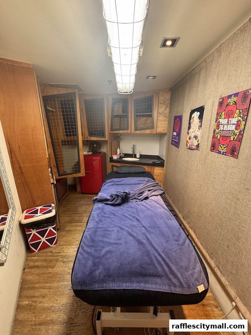 A treatment room with a massage bed, sink, and decorative posters on the wall.