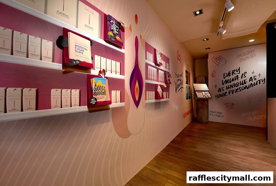Interior view of a retail shop with shelves displaying various beauty products and wall art.