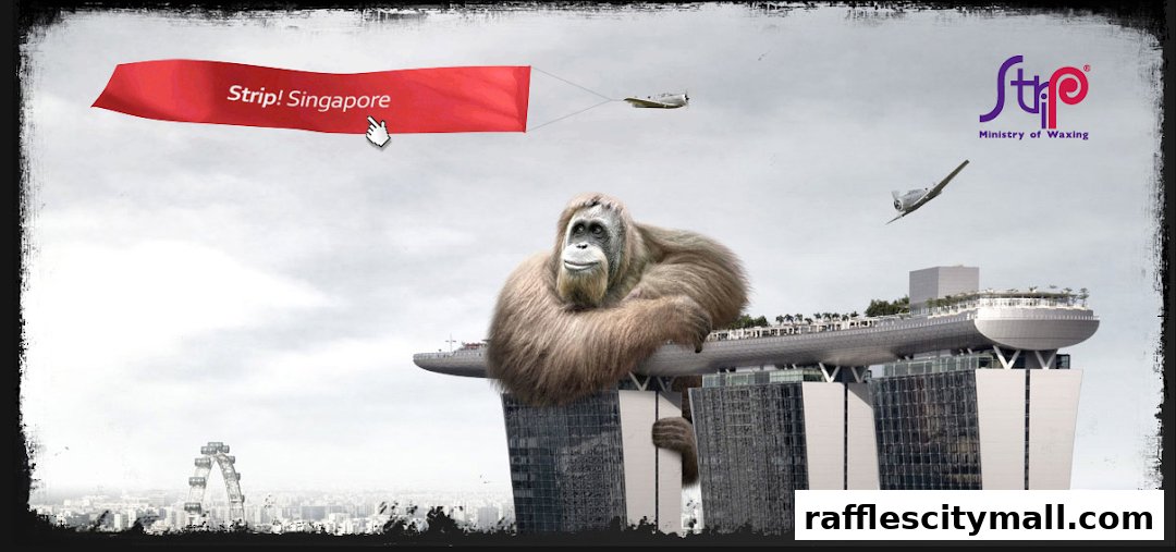 An orangutan sits on top of a skyscraper with a banner saying 'Strip! Singapore' flying in the sky.