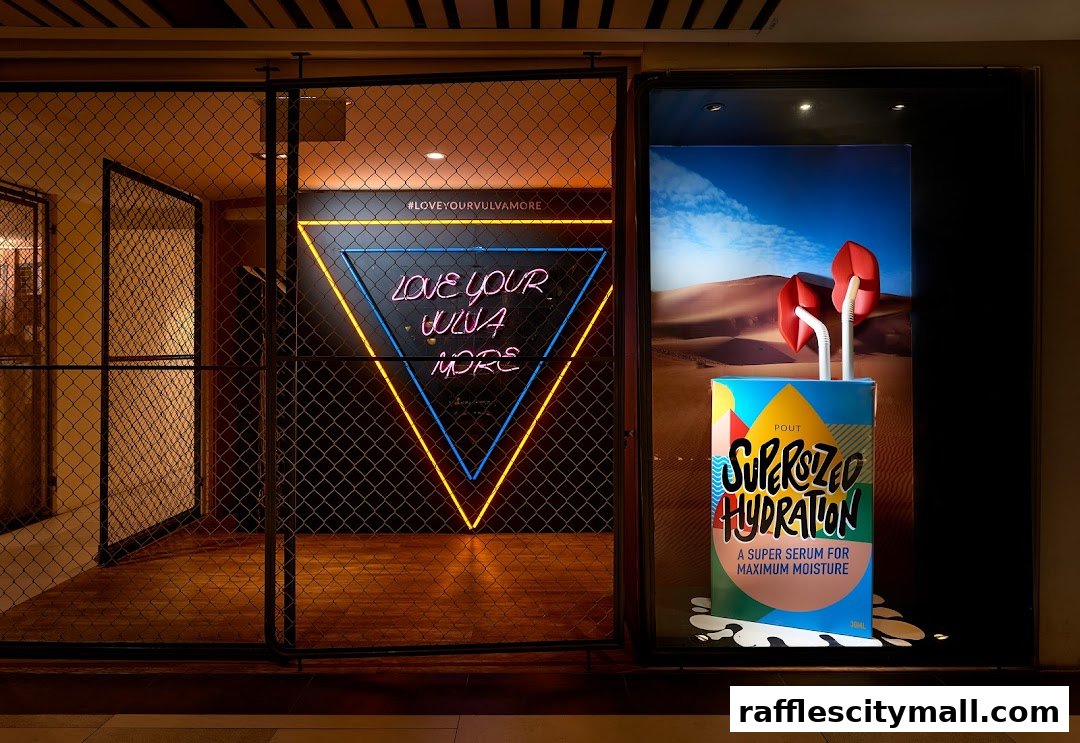 A shop window display featuring neon signs and a product advertisement with a desert backdrop.