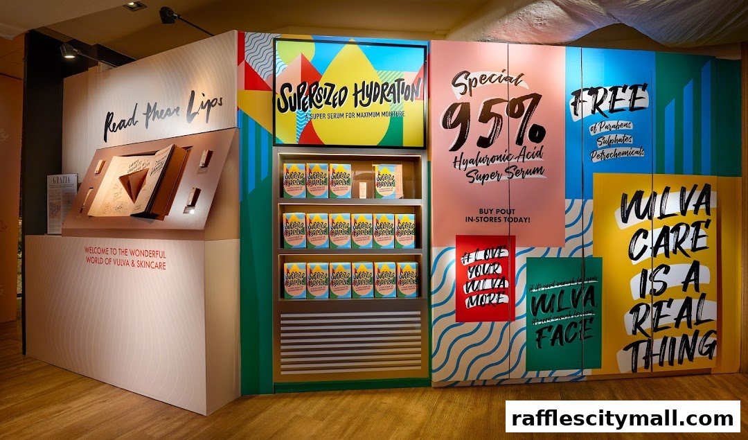 A vibrant display showcasing skincare products with bold text and colorful graphics.