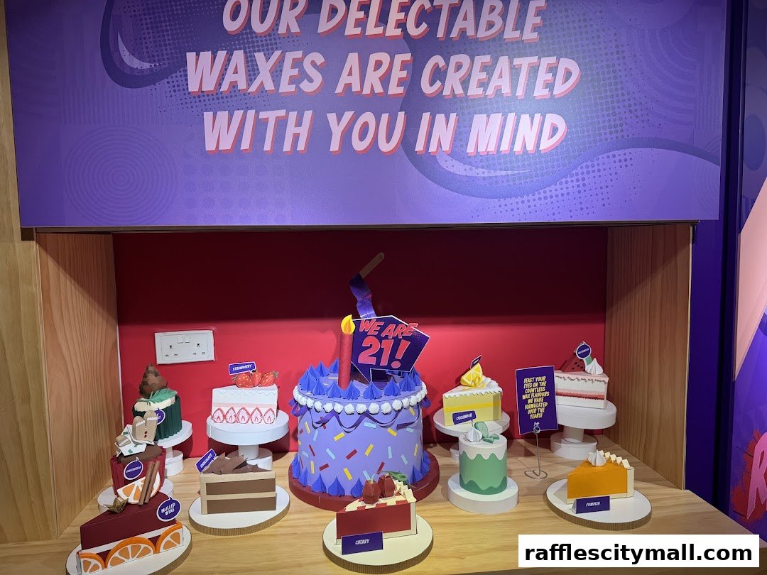 A display of colorful, paper-crafted cakes with various flavor labels.