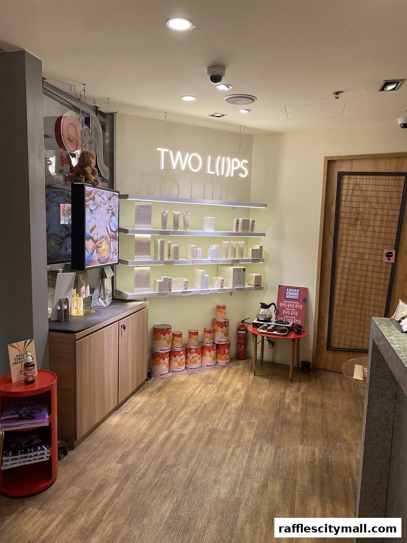 Interior of a beauty shop with shelves displaying products and a neon sign.