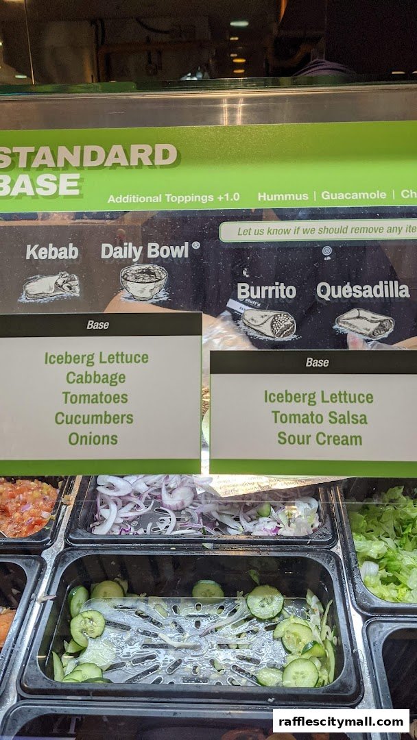 A display of fresh ingredients for customizable meals like bowls, burritos, and quesadillas.