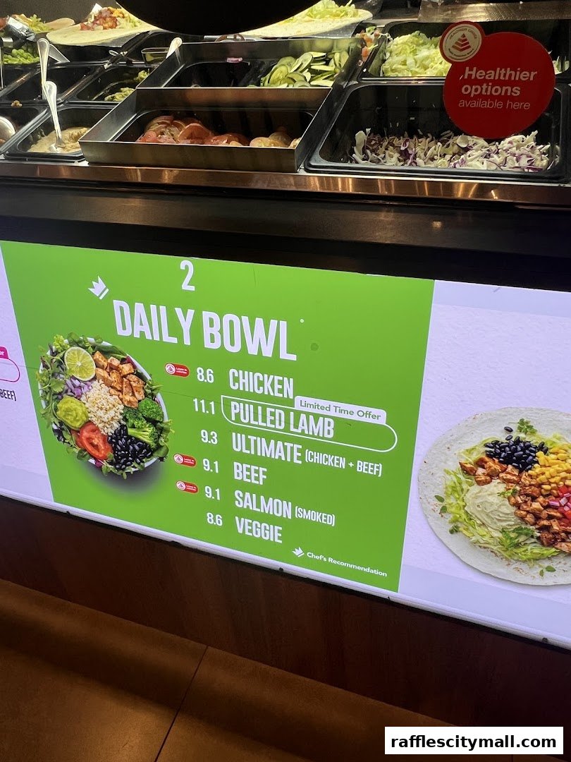 A digital menu displays various daily bowl options with prices and ingredients.